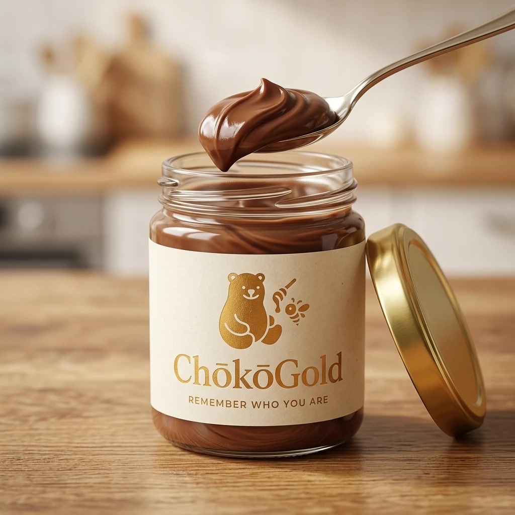 Open ChokoGold jar with a spoonful of honey cacao spread