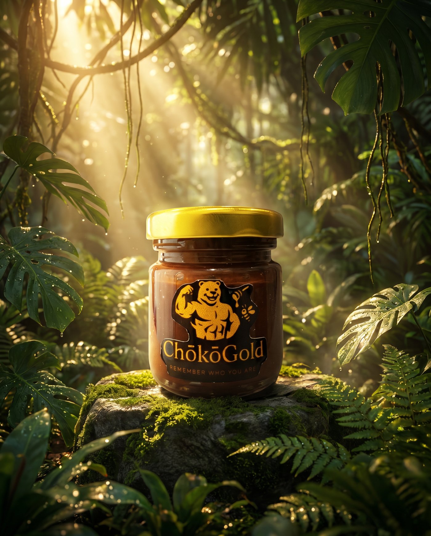 ChokoGold honey + cacao jar in an epic jungle
